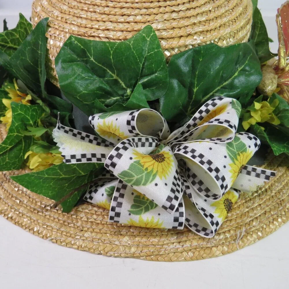 Sunflower Woven Straw Hat w Rust Colored Wire Butterfly